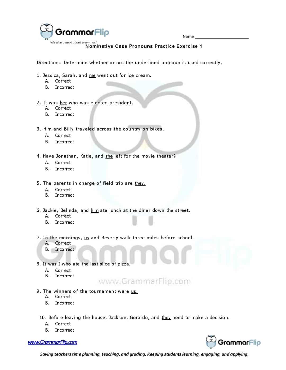 Nominative Case Pronouns Free Worksheet
